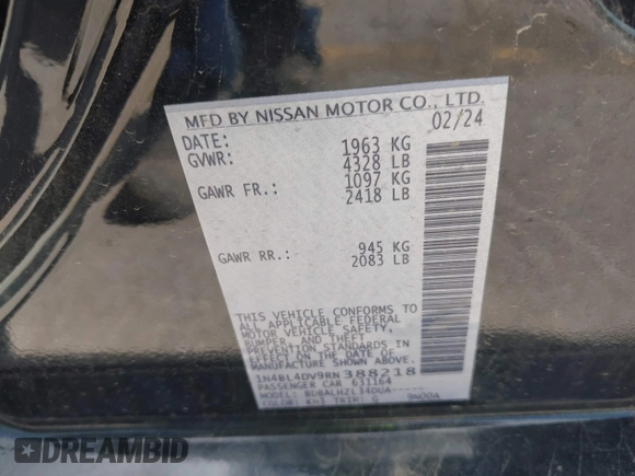 2024 Nissan Altima SV with VIN 1N4BL4DV9RN388218, listed as a IAAI auction lot 42670071 with 33,247 mi miles and . Bid and sale history available at DreamBid. Image 9.