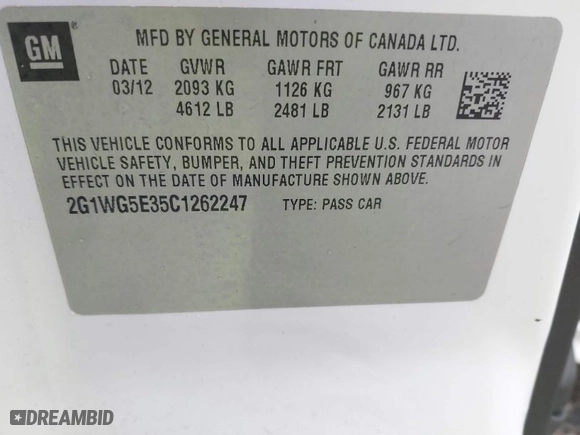 2012 Chevrolet Impala LT Fleet with VIN 2G1WG5E35C1262247, listed as a IAAI auction lot 41458004 with 149,264 mi miles. Bid and sale history available at carsss.com. Image 9.