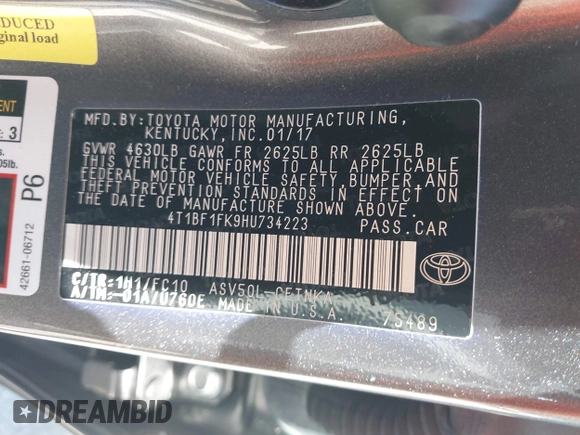 2017 Toyota Camry XLE with VIN 4T1BF1FK9HU734223, listed as a IAAI auction lot 39601554 with 61,147 mi miles. Bid and sale history available at carsss.com. Image 9.