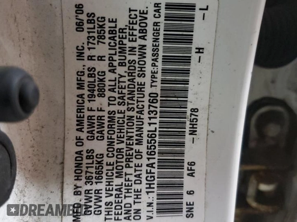 2006 Honda Civic LX z VIN 1HGFA16556L113760, wystawiony jako Copart lot #58132265 z przebiegiem 193 592 mil mil oraz Szkoda całkowita • Salvage title. Historia ofert i sprzedaży dostępna na DreamBid. Obrazek 12.