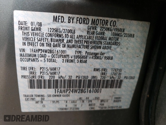 2008 Ford Taurus SEL with VIN 1FAHP24W28G161001, listed as a Copart auction lot 49408995 with 104,161 mi miles and Salvage Title. Bid and sale history available at carsss.com. Image 12.