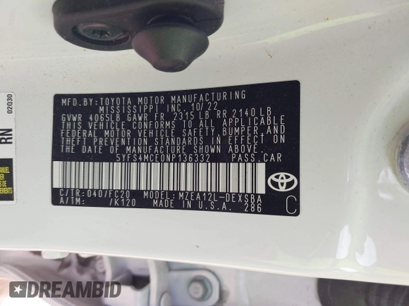 2022 Toyota Corolla SE with VIN 5YFS4MCE0NP136332, listed as a IAAI auction lot 42094001 with 36,371 mi miles and . Bid and sale history available at DreamBid. Image 9.