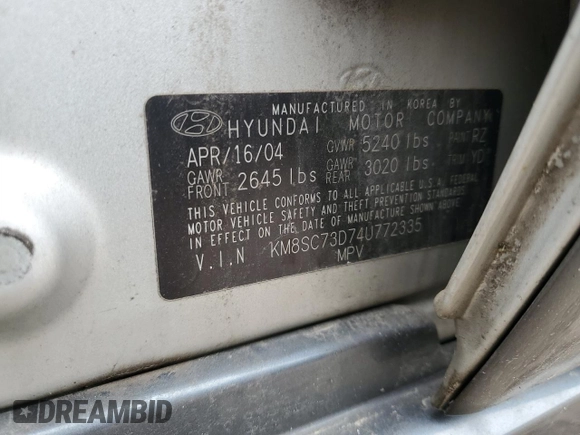 2004 Hyundai Santa Fe GLS with VIN KM8SC73D74U772335, listed as a Copart auction lot 49575564 with 146,840 mi miles and Clean Title. Bid and sale history available at DreamBid. Image 13.
