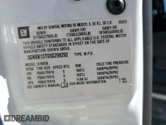 2003 Chevrolet Avalanche with VIN 3GNEK13T93G298292, listed as a Copart auction lot 76576004 with Not Provided miles and Salvage Title. Bid and sale history available at DreamBid. Image 14.