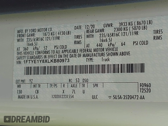 2020 Ford Transit Cargo with VIN 1FTYE1Y8XLKB80973, listed as a IAAI auction lot 41707281 with 112,721 mi miles and . Bid and sale history available at DreamBid. Image 9.