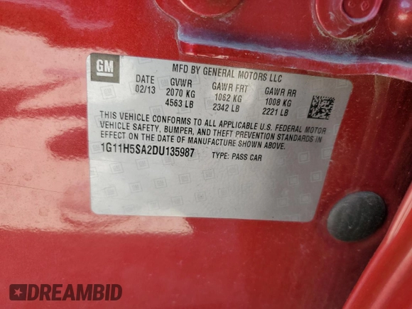 2013 Chevrolet Malibu LTZ with VIN 1G11H5SA2DU135987, listed as a Copart auction lot 50471505 with 137,231 mi miles and Non Repairable. Bid and sale history available at DreamBid. Image 12.