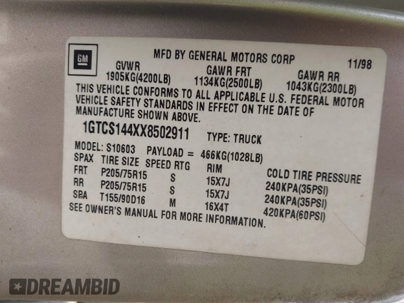 1999 GMC Sonoma with VIN 1GTCS144XX8502911, listed as a IAAI auction lot 41160683 with 119,776 mi miles. Bid and sale history available at carsss.com. Image 9.