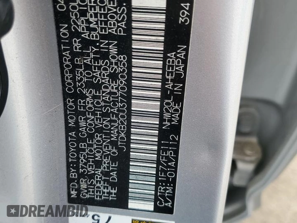 2007 Toyota Prius z VIN JTDKB20U377090358, wystawiony jako Copart lot #56599325 z przebiegiem 152 754 mil mil oraz Szkoda całkowita • Salvage title. Historia ofert i sprzedaży dostępna na DreamBid. Obrazek 12.