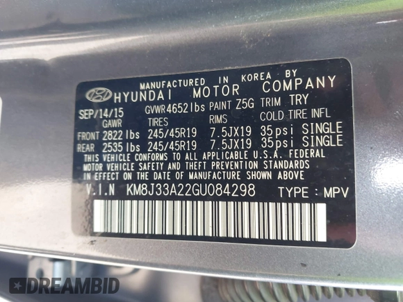2016 Hyundai Tucson Limited with VIN KM8J33A22GU084298, listed as a IAAI auction lot 41718400 with Not Provided miles. Bid and sale history available at carsss.com. Image 9.