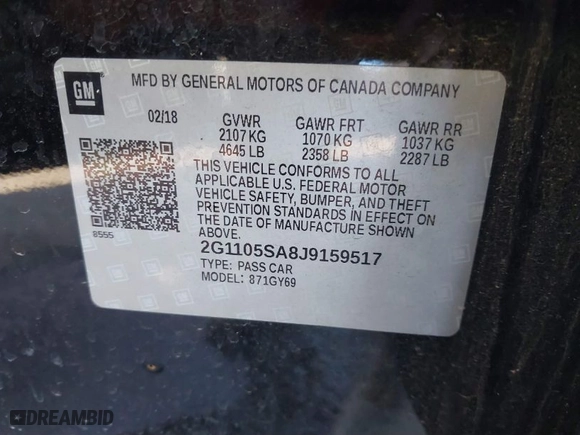 2018 Chevrolet Impala LT with VIN 2G1105SA8J9159517, listed as a IAAI auction lot 41024306 with 75,554 mi miles. Bid and sale history available at carsss.com. Image 9.