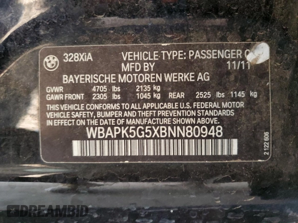 2011 BMW 3 Series 328i xDrive with VIN WBAPK5G5XBNN80948, listed as a Copart auction lot 53783315 with 119,051 mi miles and Salvage Title. Bid and sale history available at carsss.com. Image 12.