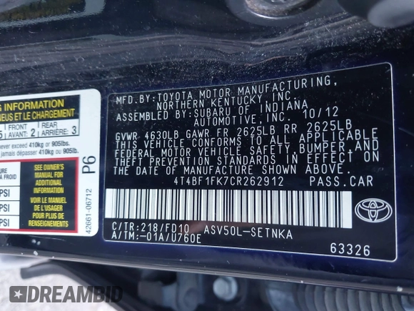 2012 Toyota Camry L with VIN 4T4BF1FK7CR262912, listed as a IAAI auction lot 41698824 with 204,915 mi miles. Bid and sale history available at carsss.com. Image 9.