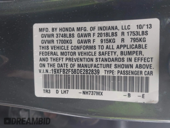 2013 Honda Civic LX with VIN 19XFB2F58DE282839, listed as a IAAI auction lot 41697629 with 123,766 mi miles and . Bid and sale history available at DreamBid. Image 9.