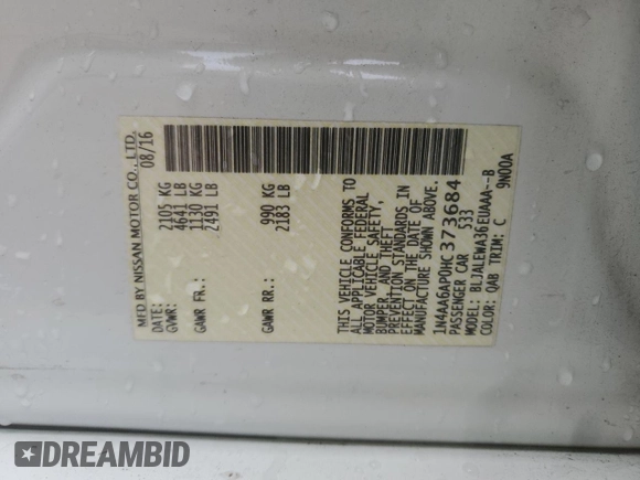 2017 Nissan Maxima SV with VIN 1N4AA6AP0HC373684, listed as a Copart auction lot 51772025 with 122,755 mi miles and Salvage title. Bid and sale history available at DreamBid. Image 12.