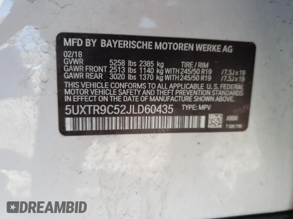 2018 BMW X3 xDrive30i with VIN 5UXTR9C52JLD60435, listed as a Copart auction lot 51991325 with 93,427 mi miles and Clean Title. Bid and sale history available at DreamBid. Image 12.