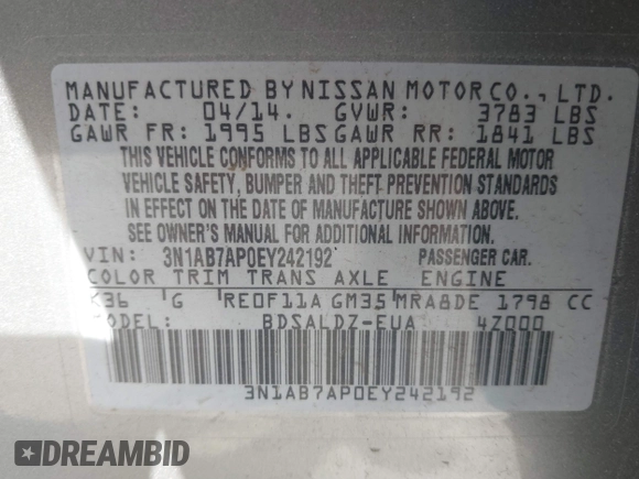 2014 Nissan Sentra S with VIN 3N1AB7AP0EY242192, listed as a IAAI auction lot 42198561 with 139,437 mi miles and . Bid and sale history available at DreamBid. Image 9.