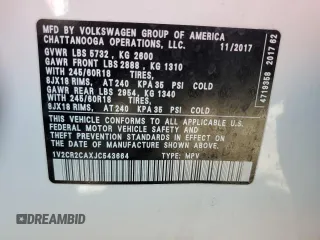 2018 Volkswagen Atlas SE with VIN 1V2CR2CAXJC543664, listed as a Copart auction lot 63707945 with 126,490 mi miles and Salvage title. Bid and sale history available at DreamBid. Image 13.