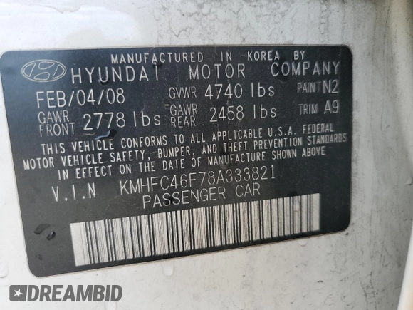 2008 Hyundai Azera Limited with VIN KMHFC46F78A333821, listed as a Copart auction lot 61246295 with 129,859 mi miles and Salvage title. Bid and sale history available at DreamBid. Image 12.