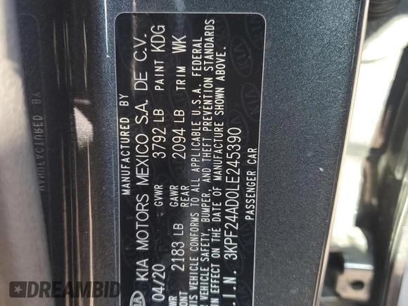 2020 Kia Forte LXS with VIN 3KPF24AD0LE245390, listed as a Copart auction lot 42346715 with 41,638 mi miles and Salvage Title. Bid and sale history available at carsss.com. Image 12.