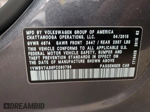 2015 Volkswagen Passat SE with VIN 1VWBV7A36FC090786, listed as a Copart auction lot 61056925 with 120,331 mi miles and Salvage title. Bid and sale history available at DreamBid. Image 12.
