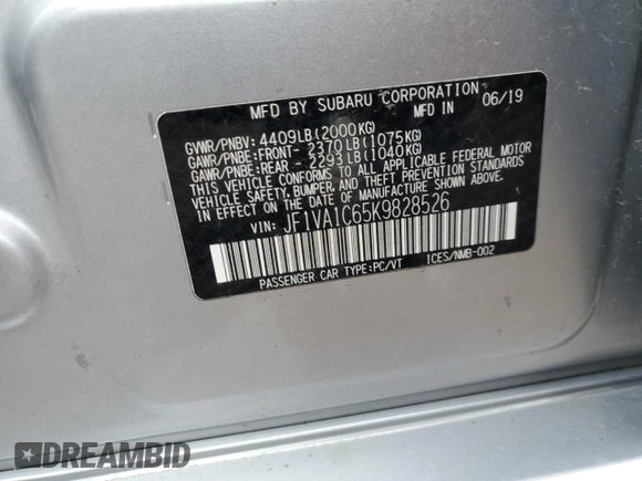 2019 Subaru WRX Premium with VIN JF1VA1C65K9828526, listed as a Copart auction lot 52082935 with 55,127 mi miles and Salvage title. Bid and sale history available at DreamBid. Image 12.