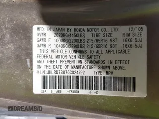 2006 Honda CR-V EX with VIN JHLRD78876C024692, listed as a IAAI auction lot 42052263 with 220,214 mi miles and . Bid and sale history available at carsss.com. Image 9.