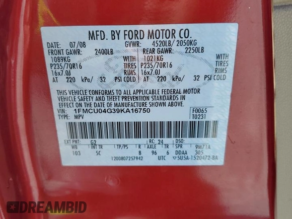 2009 Ford Escape Limited with VIN 1FMCU04G39KA16750, listed as a Copart auction lot 45655625 with 120,689 mi miles and Clean title. Bid and sale history available at DreamBid. Image 13.