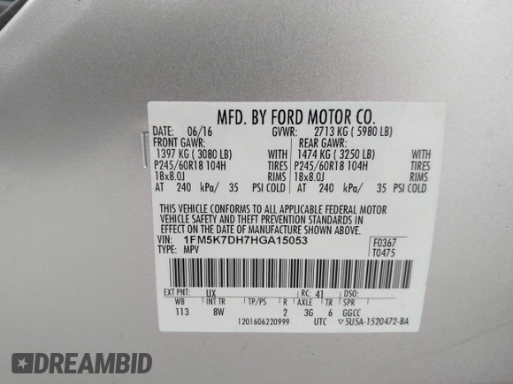 2017 Ford Explorer XLT с VIN 1FM5K7DH7HGA15053, выставлен на аукционе IAAI как лот 42425444 с пробегом 110 336 миль миль и . История ставок и продаж доступна на DreamBid. Изображение 9.