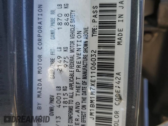 2014 Mazda 3 i Grand Touring with VIN JM1BM1M7XE1106032, listed as a Copart auction lot 78526344 with 220,179 mi miles and Salvage Title. Bid and sale history available at DreamBid. Image 12.