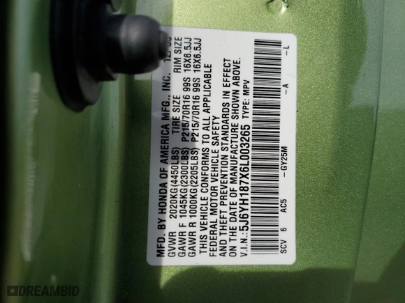 2006 Honda Element EX-P with VIN 5J6YH187X6L003265, listed as a Copart auction lot 53344345 with 238,105 mi miles and Salvage Title. Bid and sale history available at carsss.com. Image 14.