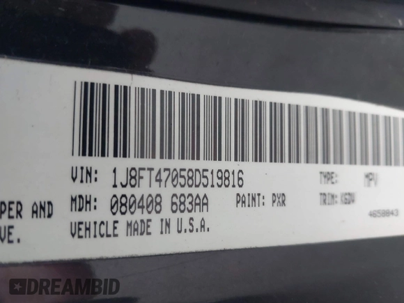 2008 Jeep Compass Sport with VIN 1J8FT47058D519816, listed as a IAAI auction lot 41694184 with 238,719 mi miles. Bid and sale history available at carsss.com. Image 9.