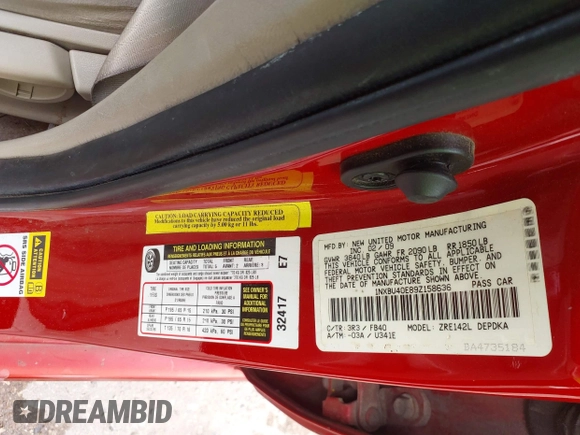 2009 Toyota Corolla with VIN 1NXBU40E89Z158636, listed as a IAAI auction lot 42142036 with 181,943 mi miles. Bid and sale history available at carsss.com. Image 9.