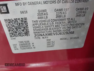2018 Chevrolet Equinox Premier z VIN 2GNAXMEV3J6329268, wystawiony jako IAAI lot #42240907 z przebiegiem 61 487 mil mil oraz . Historia ofert i sprzedaży dostępna na DreamBid. Obrazek 9.