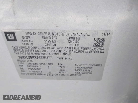 2015 GMC Terrain SLE with VIN 2GKFLVEKXF6226477, listed as a IAAI auction lot 42031099 with 143,643 mi miles. Bid and sale history available at carsss.com. Image 9.