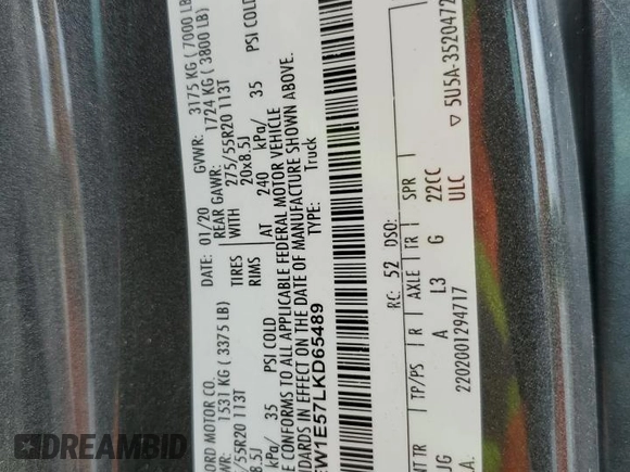 2020 Ford F-150 XL with VIN 1FTEW1E57LKD65489, listed as a Copart auction lot 63264125 with 67,463 mi miles and Salvage title. Bid and sale history available at DreamBid. Image 12.