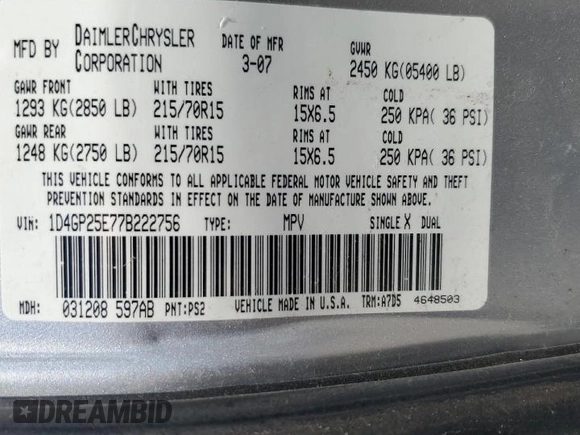 2007 Dodge Caravan SE z VIN 1D4GP25E77B222756, wystawiony jako Copart lot #54659715 z przebiegiem 230 015 mil mil oraz Szkoda całkowita • Salvage title. Historia ofert i sprzedaży dostępna na DreamBid. Obrazek 13.
