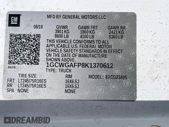 2019 Chevrolet Express Cargo with VIN 1GCWGAFP8K1370612, listed as a Copart auction lot 62214645 with 104,484 mi miles and Clean title. Bid and sale history available at DreamBid. Image 10.