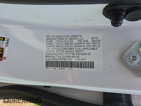 2023 Honda Odyssey EX-L z VIN 5FNRL6H67PB013527, wystawiony jako Copart lot #59705385 z przebiegiem 12 262 mil mil oraz Czysty tytuł • Clean title. Historia ofert i sprzedaży dostępna na DreamBid. Obrazek 10.