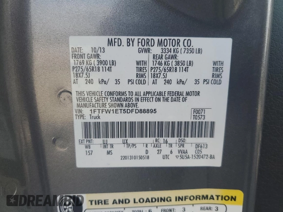 2013 Ford F-150 XL with VIN 1FTFW1ET5DFD88895, listed as a Copart auction lot 76756034 with 0 mi miles and Salvage Title. Bid and sale history available at carsss.com. Image 12.
