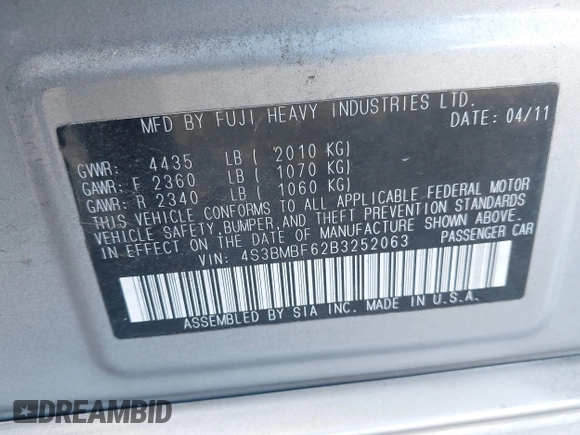 2011 Subaru Legacy Premium with VIN 4S3BMBF62B3252063, listed as a IAAI auction lot 41278291 with 120,669 mi miles and . Bid and sale history available at DreamBid. Image 9.