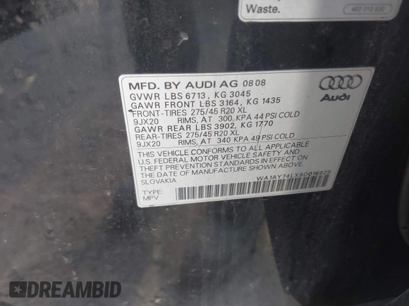 2009 Audi Q7 Premium Plus z VIN WA1AY74LX9D016829, wystawiony jako IAAI lot #41636498 z przebiegiem 220 250 mil mil oraz . Historia ofert i sprzedaży dostępna na DreamBid. Obrazek 9.