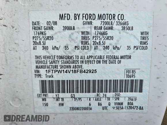 2008 Ford F-150 XLT с VIN 1FTPW14V18FB42925, выставлен на аукционе IAAI как лот 42619962 с пробегом 162 077 миль миль и . История ставок и продаж доступна на DreamBid. Изображение 9.