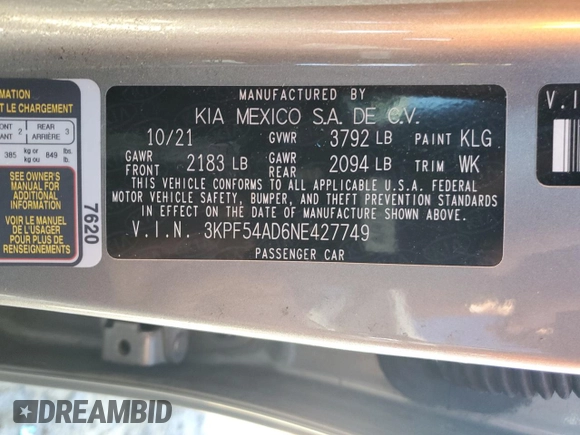 2022 Kia Forte GT-Line with VIN 3KPF54AD6NE427749, listed as a Copart auction lot 49608115 with 49,520 mi miles and Non Repairable. Bid and sale history available at carsss.com. Image 13.