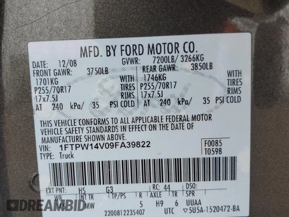 2009 Ford F-150 XL z VIN 1FTPW14V09FA39822, wystawiony jako Copart lot #57272905 z przebiegiem 197 699 mil mil oraz Szkoda całkowita • Salvage title. Historia ofert i sprzedaży dostępna na DreamBid. Obrazek 12.