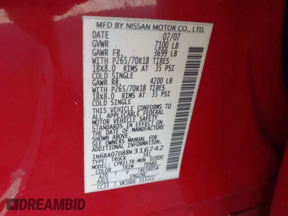 2008 Nissan Titan XE with VIN 1N6BA07D88N316742, listed as a IAAI auction lot 41747636 with 173,362 mi miles. Bid and sale history available at carsss.com. Image 9.