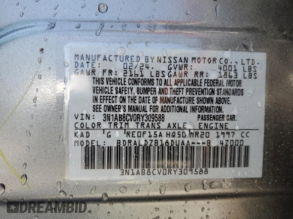 2024 Nissan Sentra SV с VIN 3N1AB8CV0RY309588, выставлен на аукционе Copart как лот 57331855 с пробегом 3 650 миль миль и Списание • Salvage title. История ставок и продаж доступна на DreamBid. Изображение 12.