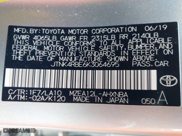 2019 Toyota Corolla Hatchback SE with VIN JTNK4RBE6K3064695, listed as a IAAI auction lot 41296362 with 56,282 mi miles. Bid and sale history available at carsss.com. Image 9.