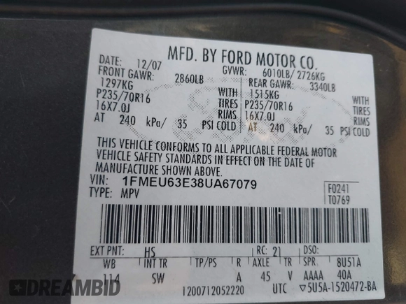 2008 Ford Explorer XLT with VIN 1FMEU63E38UA67079, listed as a IAAI auction lot 41398034 with 239,724 mi miles. Bid and sale history available at carsss.com. Image 8.
