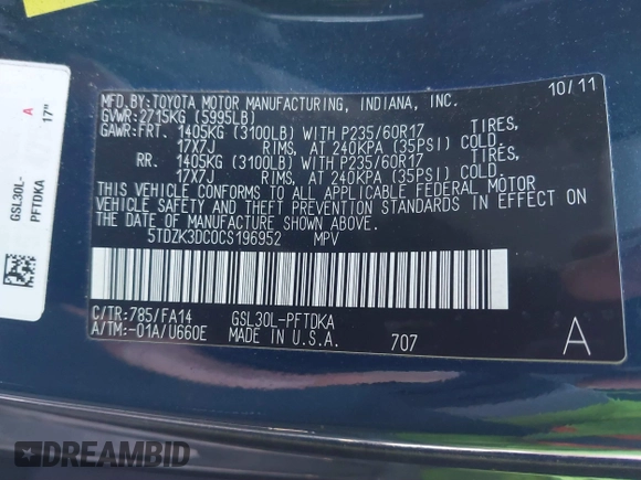 2012 Toyota Sienna with VIN 5TDZK3DC0CS196952, listed as a IAAI auction lot 41674818 with 135,630 mi miles and . Bid and sale history available at DreamBid. Image 9.