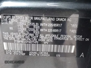 2015 Toyota RAV4 LE with VIN 2T3BFREVXFW277470, listed as a IAAI auction lot 42063725 with 119,122 mi miles. Bid and sale history available at carsss.com. Image 9.